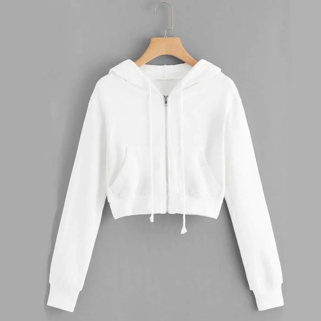 Cropped Hooded Sweatshirts for Women Fleece Full Zip Up Hoodies 90S Long Sleeve Y2k Clothes Jacket Top with Pockets