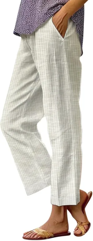 Cropped Linen Pants for Women 2025 Summer Elastic Waist Striped Straight Leg Pants Casual Beach Trousers with Pockets