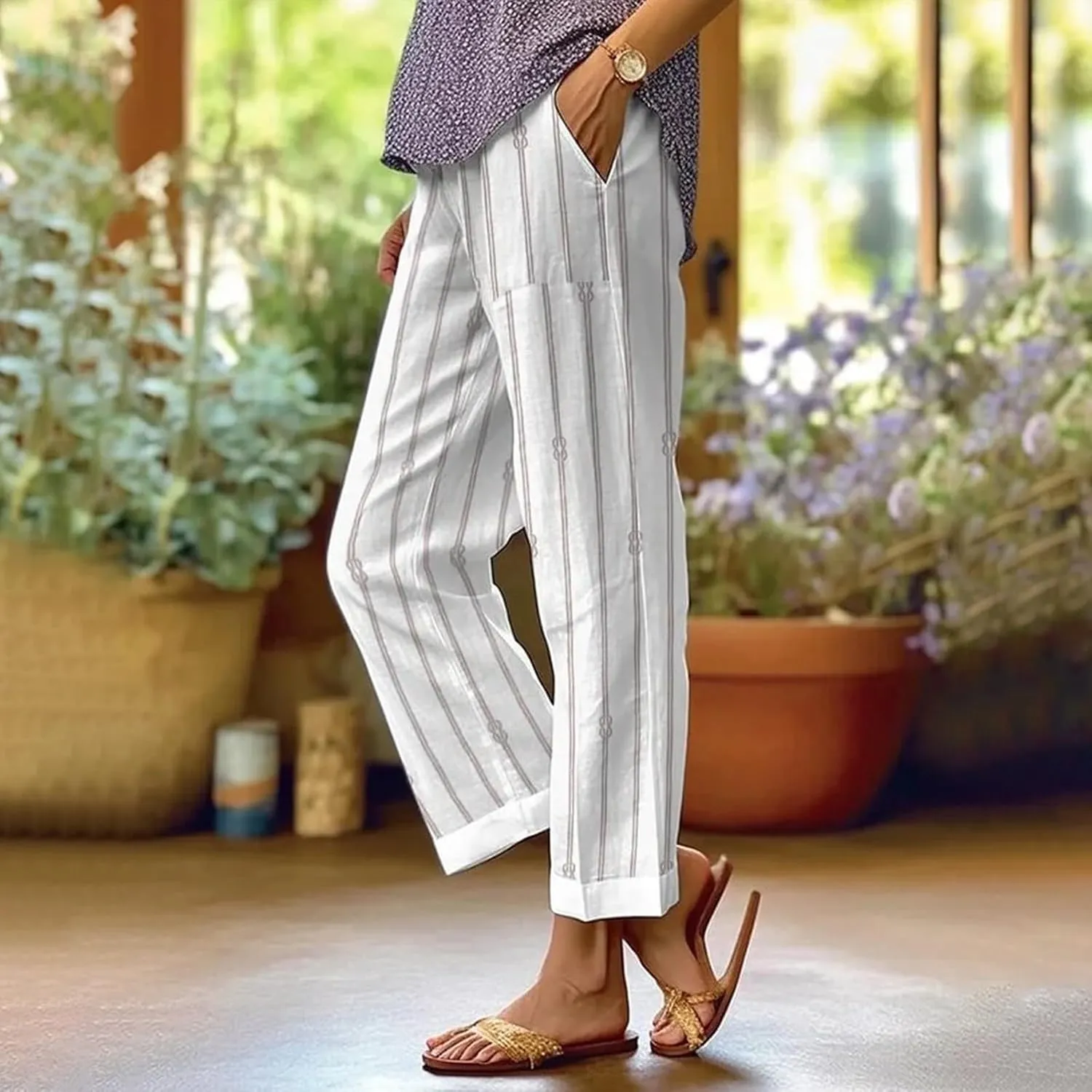Cropped Linen Pants for Women 2025 Summer Elastic Waist Striped Straight Leg Pants Casual Beach Trousers with Pockets