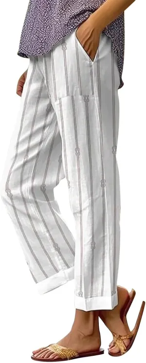 Cropped Linen Pants for Women 2025 Summer Elastic Waist Striped Straight Leg Pants Casual Beach Trousers with Pockets