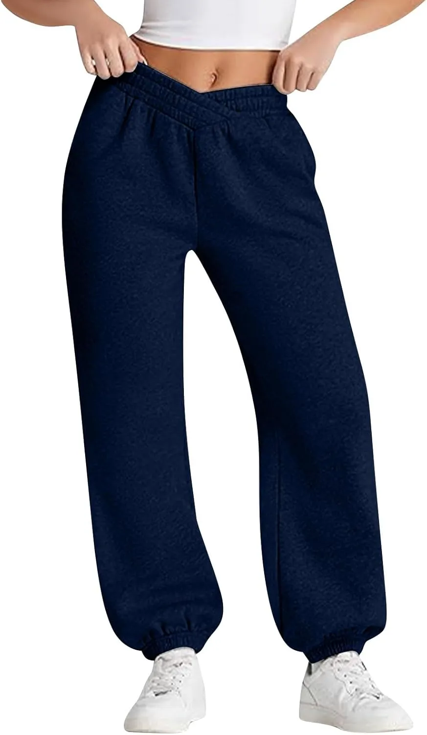 Crossover Sweatpants for Women Cotton Fleece Joggers Baggy Cinch Bottom Sweatpants Casual Loose Sweat Pants w/Pockets