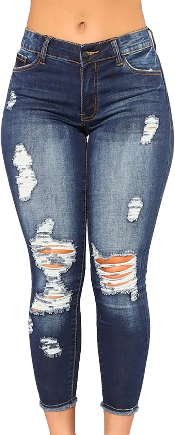 Curvy Ripped Shaping Jeans for Women High Waist Tummy Control Vintage Denim Pant Casual Tapered Stretch Skinny Jeans