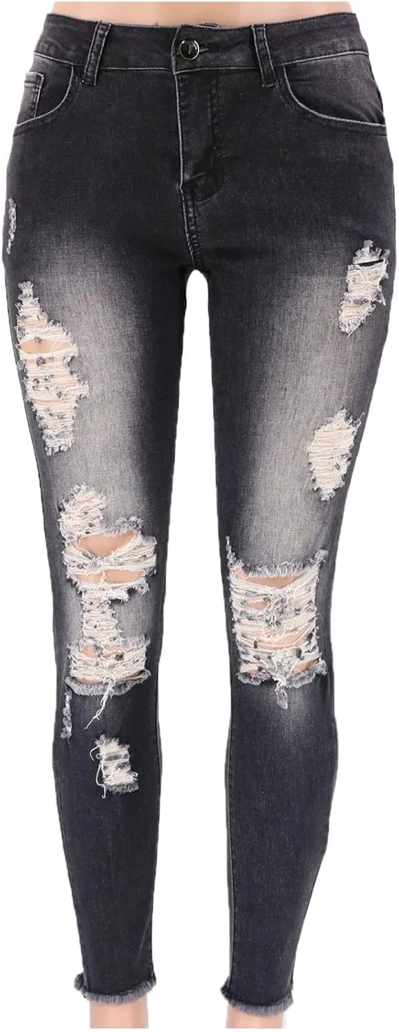 Curvy Ripped Shaping Jeans for Women High Waist Tummy Control Vintage Denim Pant Casual Tapered Stretch Skinny Jeans