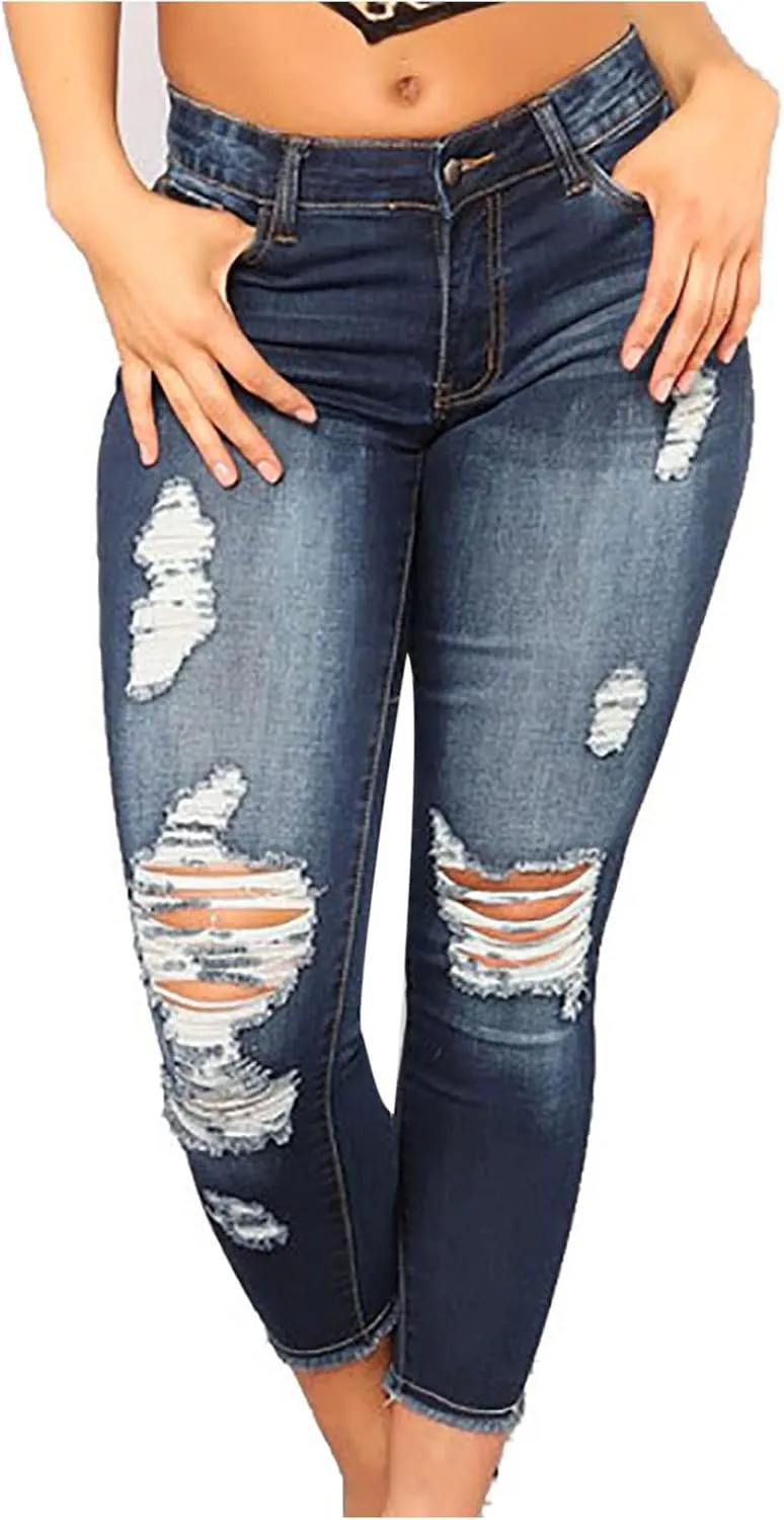 Curvy Ripped Shaping Jeans for Women High Waist Tummy Control Vintage Denim Pant Casual Tapered Stretch Skinny Jeans