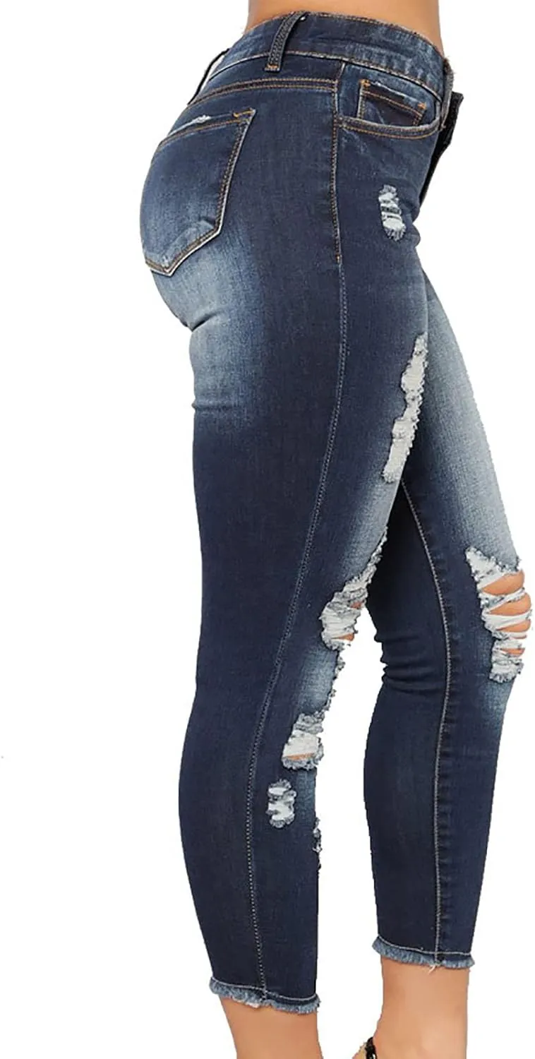 Curvy Ripped Shaping Jeans for Women High Waist Tummy Control Vintage Denim Pant Casual Tapered Stretch Skinny Jeans