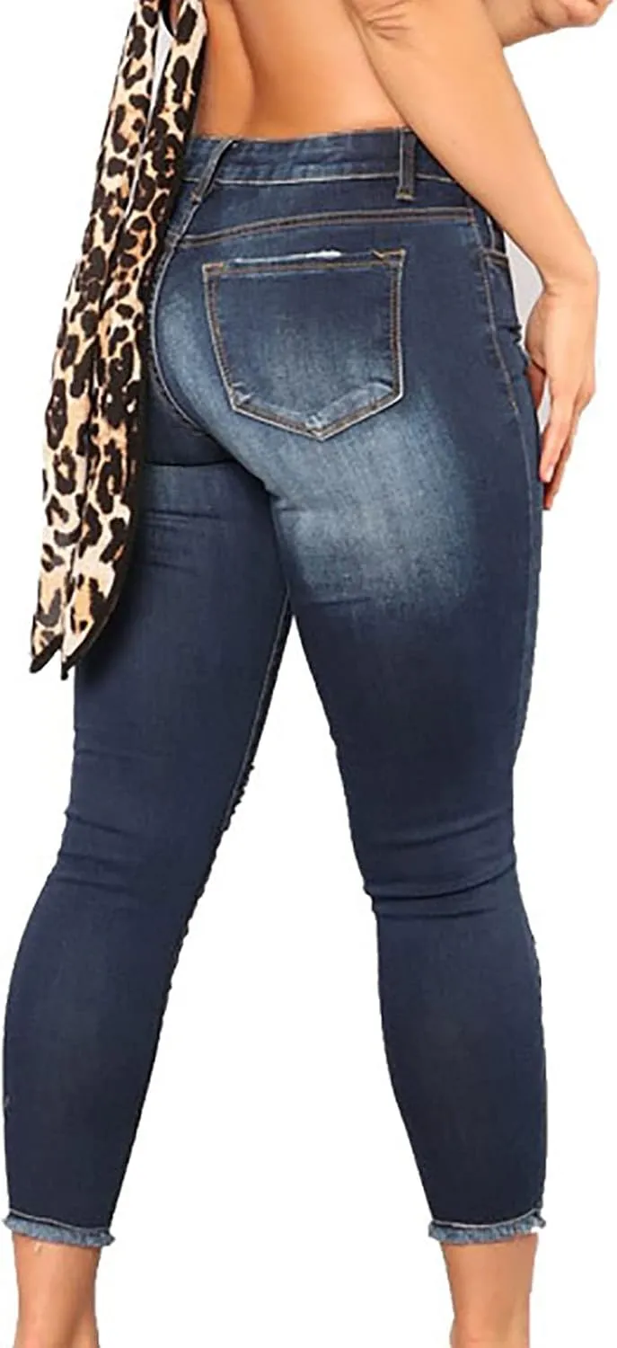 Curvy Ripped Shaping Jeans for Women High Waist Tummy Control Vintage Denim Pant Casual Tapered Stretch Skinny Jeans