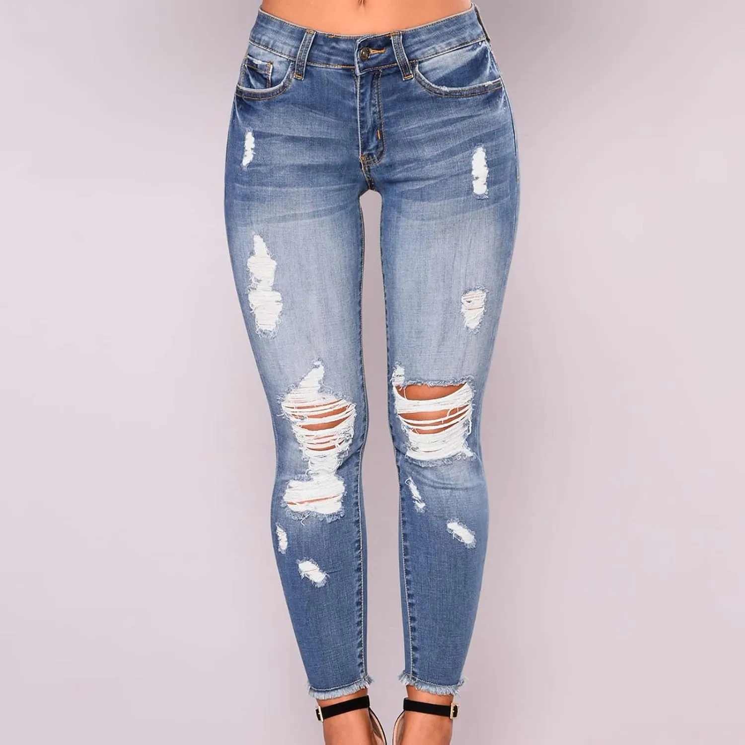 Curvy Ripped Shaping Jeans for Women High Waist Tummy Control Vintage Denim Pant Casual Tapered Stretch Skinny Jeans