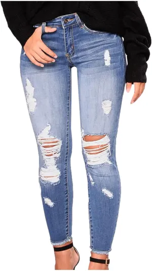 Curvy Ripped Shaping Jeans for Women High Waist Tummy Control Vintage Denim Pant Casual Tapered Stretch Skinny Jeans