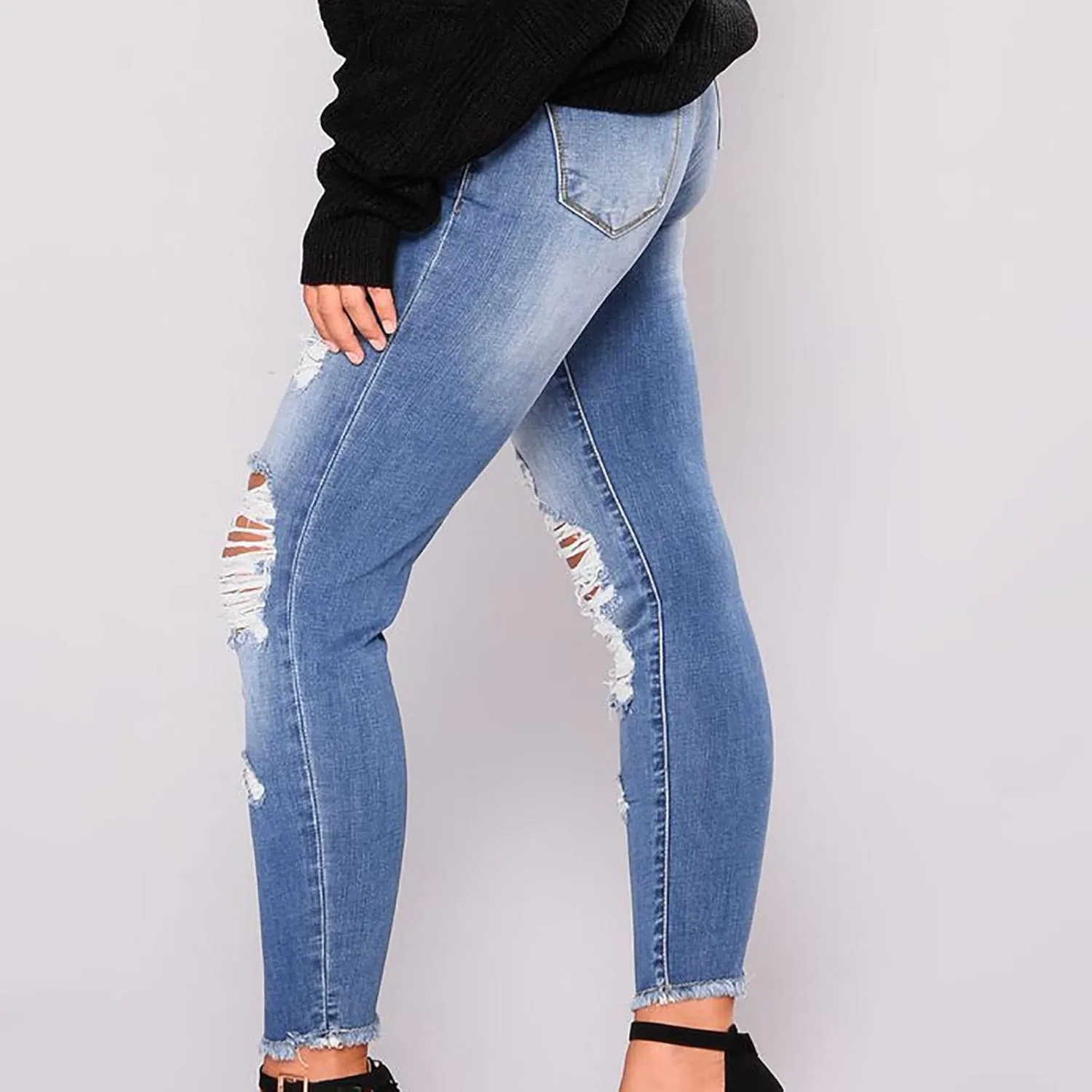 Curvy Ripped Shaping Jeans for Women High Waist Tummy Control Vintage Denim Pant Casual Tapered Stretch Skinny Jeans