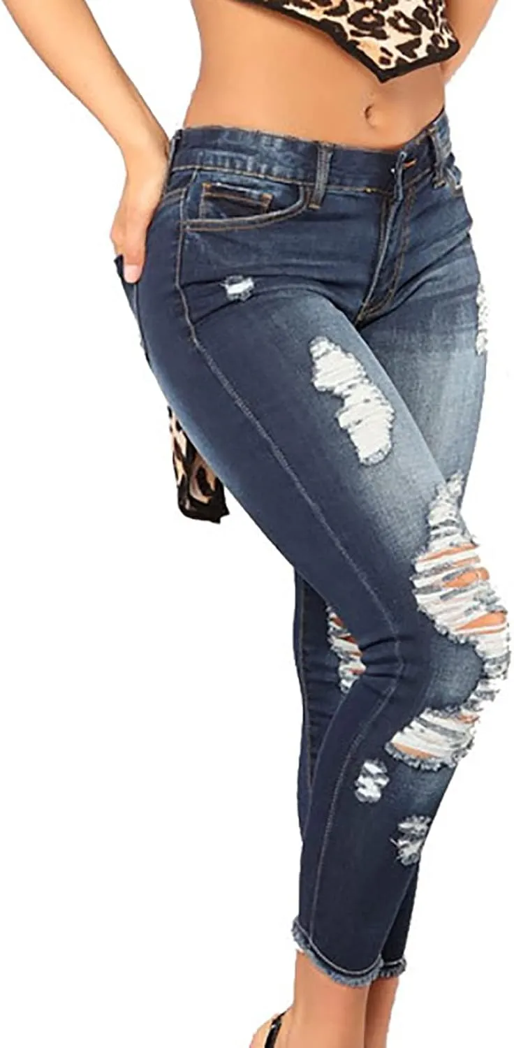 Curvy Ripped Shaping Jeans for Women High Waist Tummy Control Vintage Denim Pant Casual Tapered Stretch Skinny Jeans