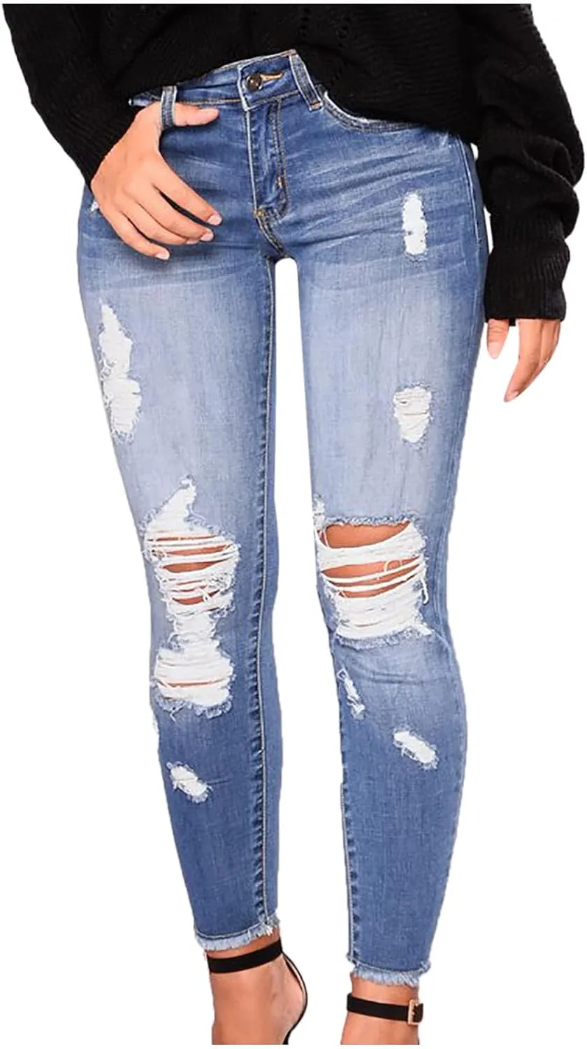 Curvy Ripped Shaping Jeans for Women High Waist Tummy Control Vintage Denim Pant Casual Tapered Stretch Skinny Jeans