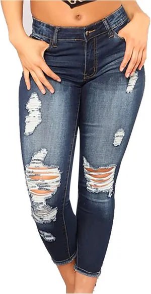 Curvy Ripped Shaping Jeans for Women High Waist Tummy Control Vintage Denim Pant Casual Tapered Stretch Skinny Jeans