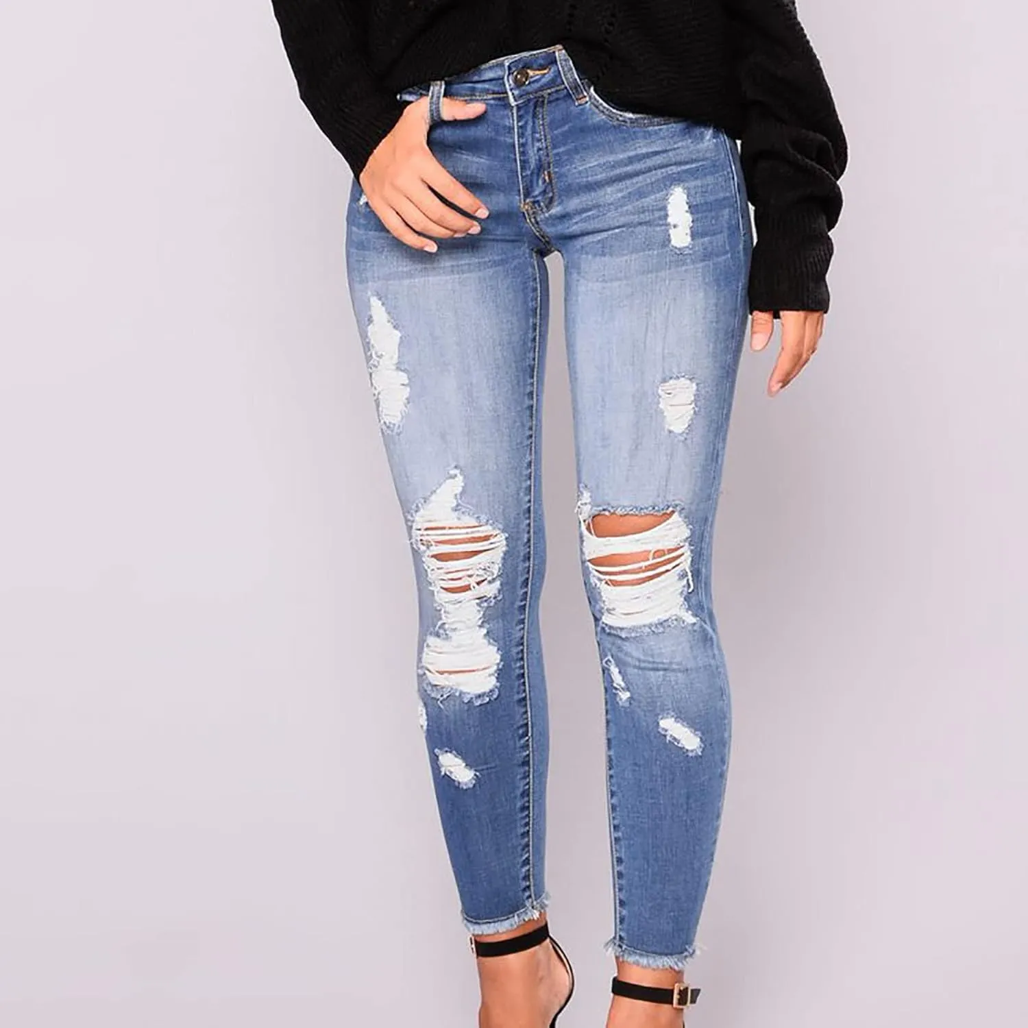Curvy Ripped Shaping Jeans for Women High Waist Tummy Control Vintage Denim Pant Casual Tapered Stretch Skinny Jeans