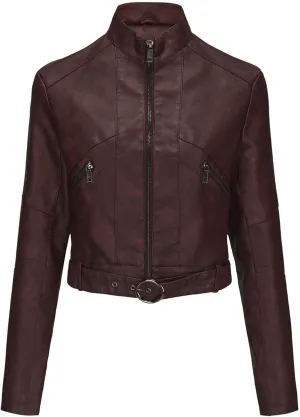 Dademeo Faux Leather Jackets Womens Cropped Stand Up Collar Moto Biker Jacket Zip Up Long Sleeve Motorcycle Leather Jacket