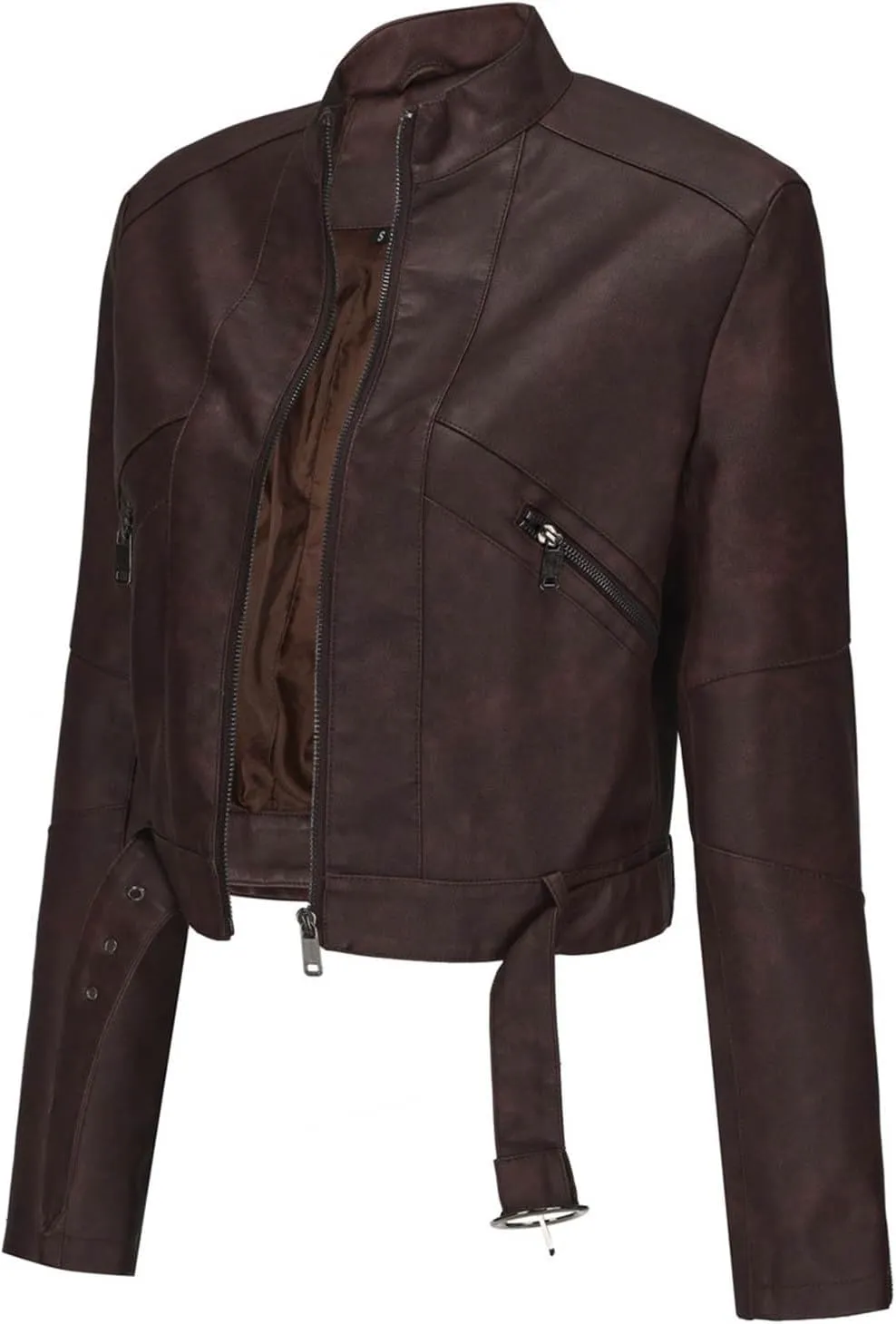 Dademeo Faux Leather Jackets Womens Cropped Stand Up Collar Moto Biker Jacket Zip Up Long Sleeve Motorcycle Leather Jacket