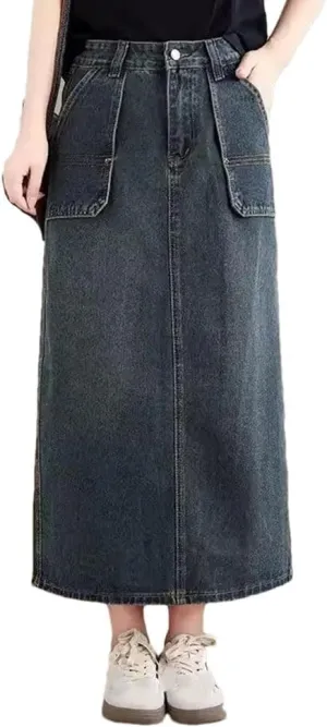 DBFBDTU Denim Skirts Womens Pocket Slim Casual Mid Length Elastic Waist Jeans Skirt