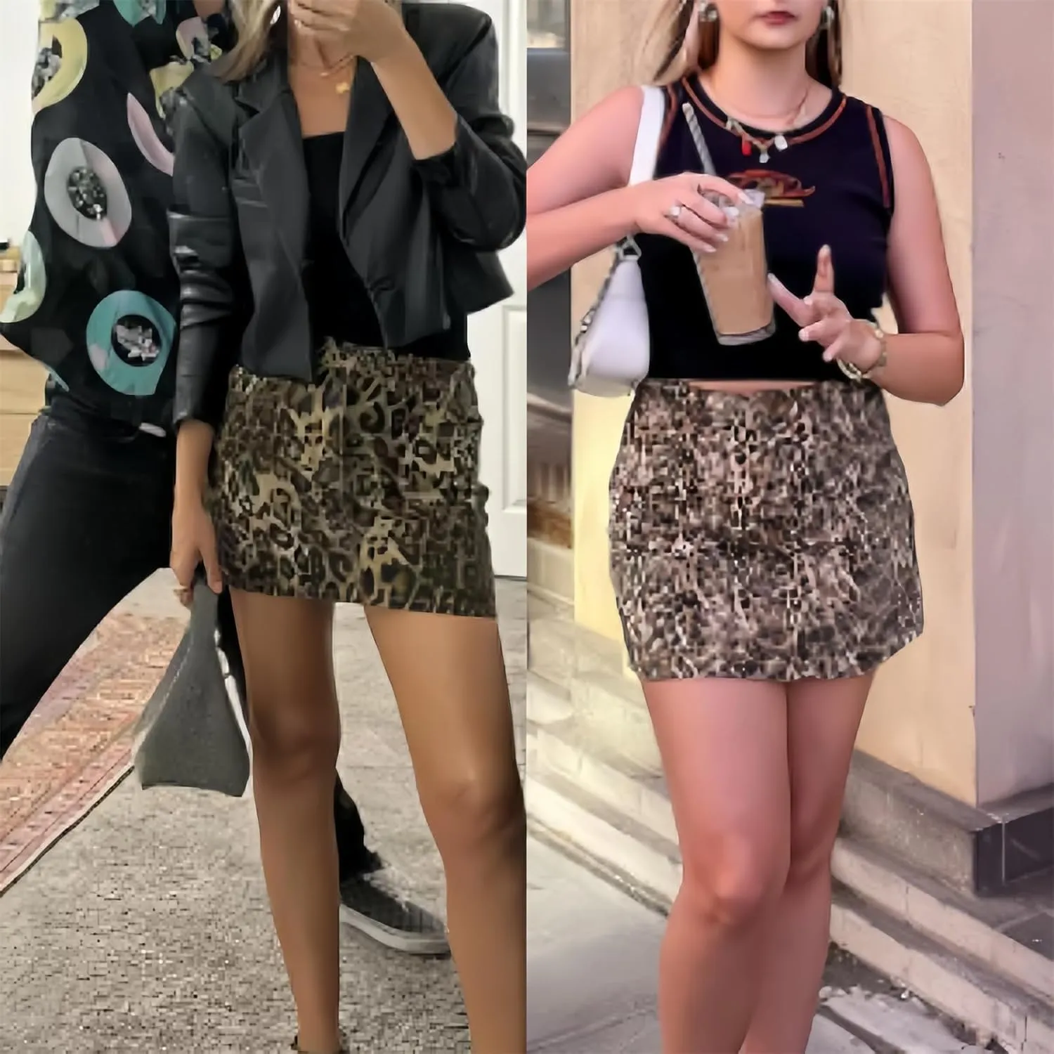 Denim Skirt Leopard Print Skirts for Women, Y2k Jeans Mini Skirt High Waisted with Pockets, Streetwear Club Dress