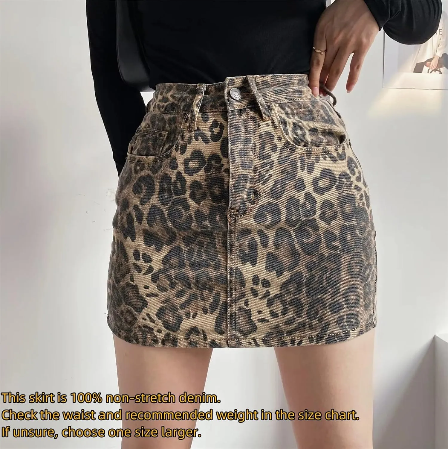 Denim Skirt Leopard Print Skirts for Women, Y2k Jeans Mini Skirt High Waisted with Pockets, Streetwear Club Dress