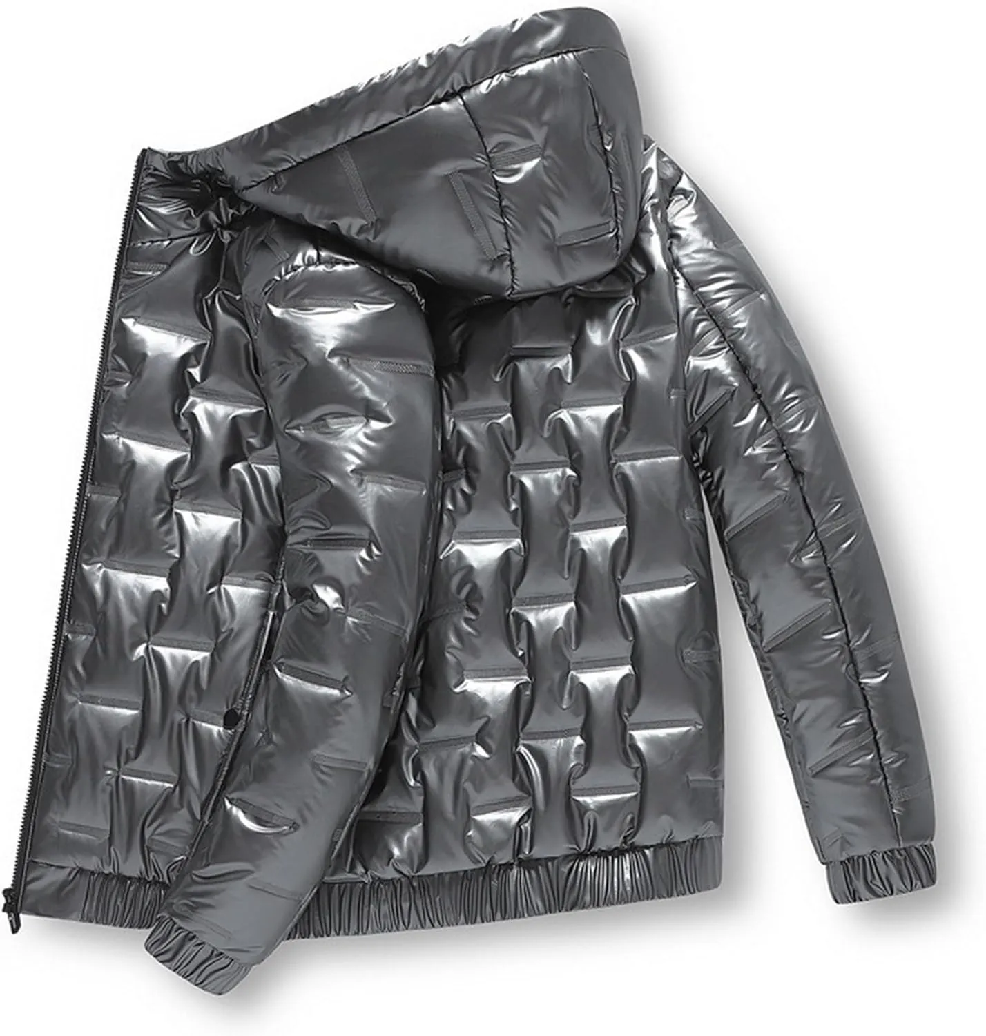 DGHM-JLMY Men's Hooded Padded Glossy Down Jacket Winter Detachable Collar Puffer Jacket Thick Warm Metallic Hood Padded Coats