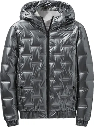 DGHM-JLMY Men's Hooded Padded Glossy Down Jacket Winter Detachable Collar Puffer Jacket Thick Warm Metallic Hood Padded Coats