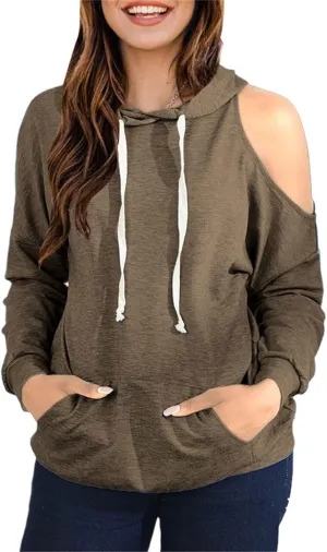 DGHM-JLMY Women Off Shoulder Hooded Pullover Hoodies Long Sleeve Cold Shoulder Crop Top Drawstring Pullover Sweatshirt Casual