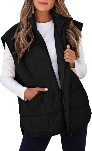 EVALESS Womens Puffer Vest Zip Up Cap Sleeve Jackets Travel Fall Outfits 2024 Fashion Warm Winter Coats With Pockets