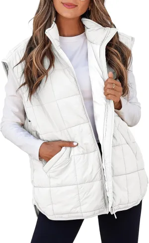 EVALESS Womens Puffer Vest Zip Up Cap Sleeve Jackets Travel Fall Outfits 2024 Fashion Warm Winter Coats With Pockets