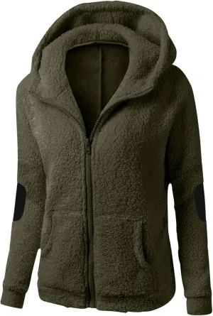 Fleece Hoodie Jacket for Women Fall Winter Wool Zip Warm Parka Jacket Coat Ladies Fluffy Slim Fit Hooded Outwear Coat