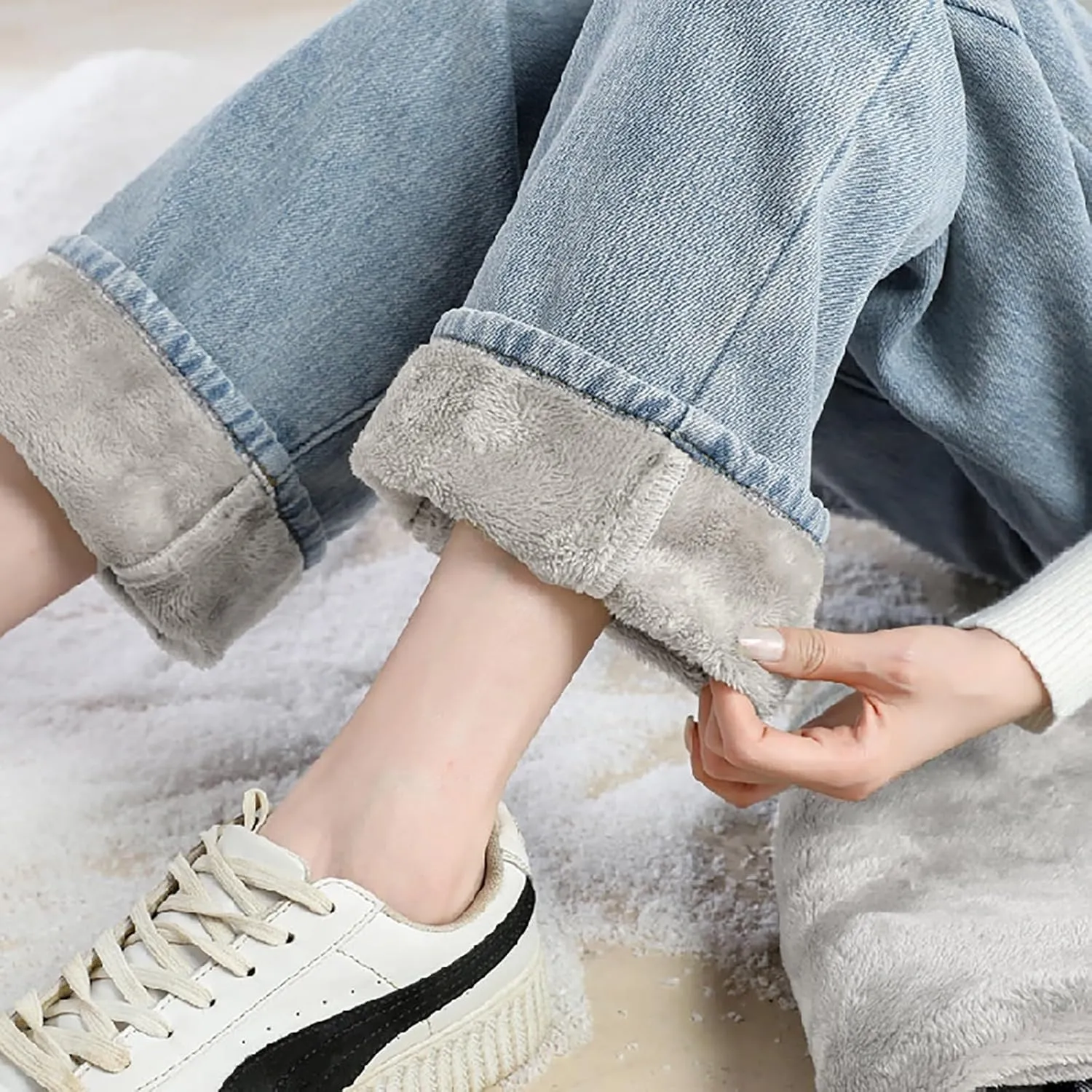 Fleece Lined Jeans Women High Waisted Wide Leg Trousers Jeans Casual Vintage Boyfriend Warm Winter Denim Pants