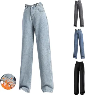 Fleece Lined Jeans Women High Waisted Wide Leg Trousers Jeans Casual Vintage Boyfriend Warm Winter Denim Pants