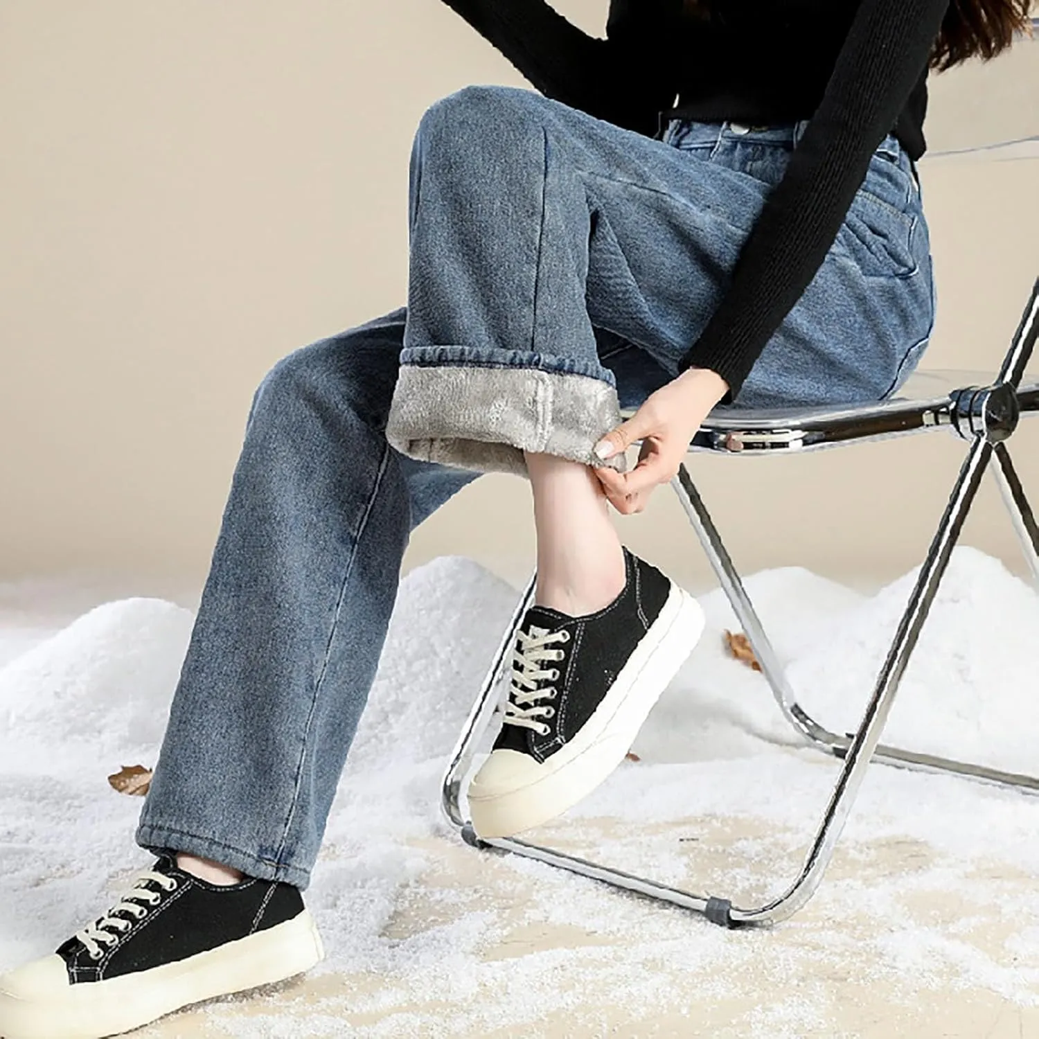Fleece Lined Jeans Women High Waisted Wide Leg Trousers Jeans Casual Vintage Boyfriend Warm Winter Denim Pants
