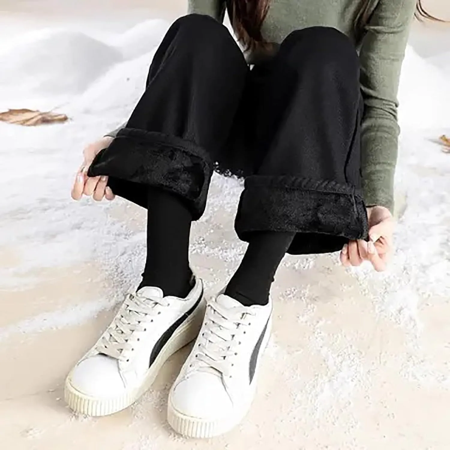 Fleece Lined Jeans Women High Waisted Wide Leg Trousers Jeans Casual Vintage Boyfriend Warm Winter Denim Pants