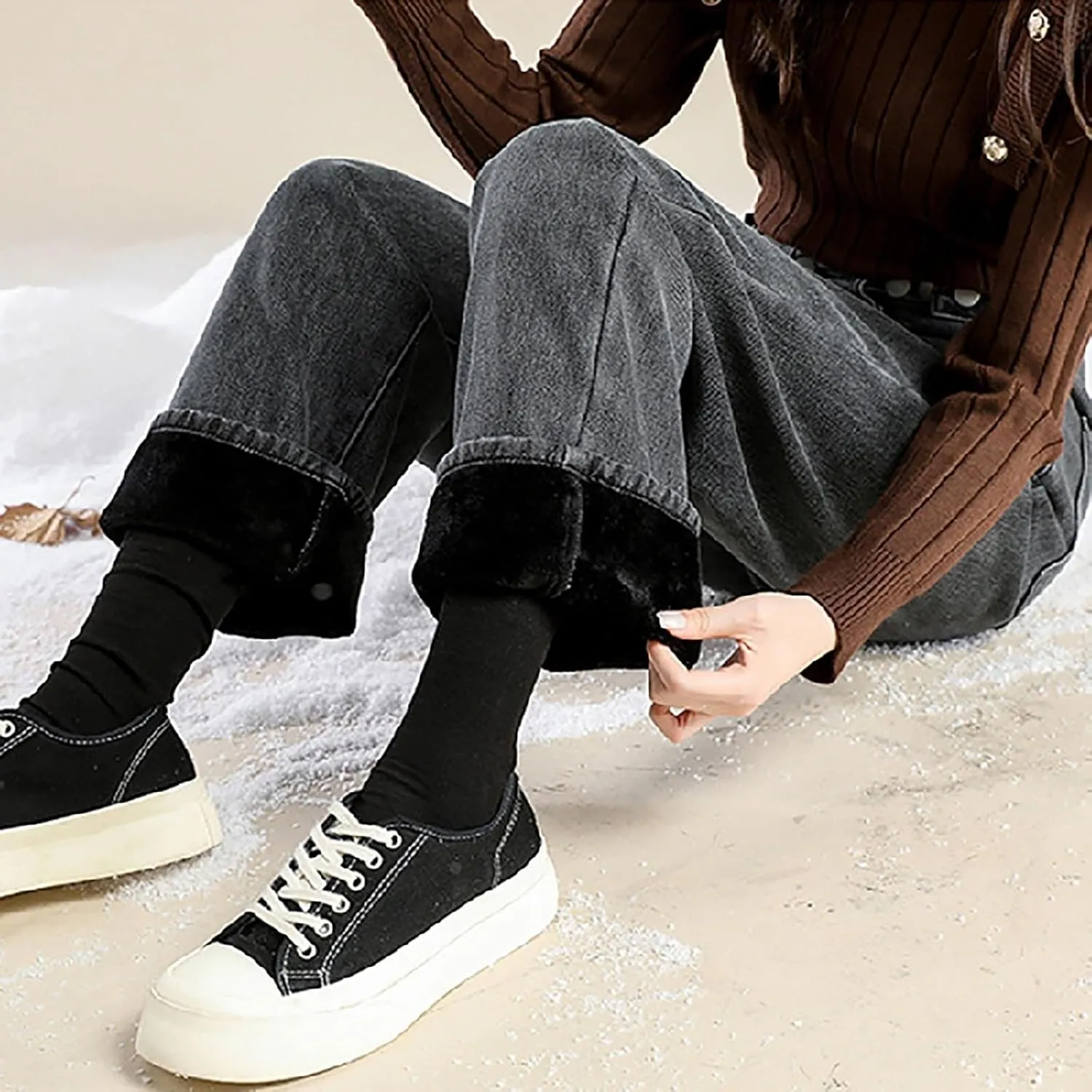 Fleece Lined Jeans Women High Waisted Wide Leg Trousers Jeans Casual Vintage Boyfriend Warm Winter Denim Pants