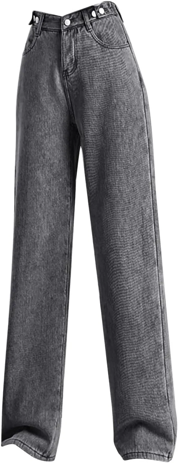 Fleece Lined Jeans Women High Waisted Wide Leg Trousers Jeans Casual Vintage Boyfriend Warm Winter Denim Pants