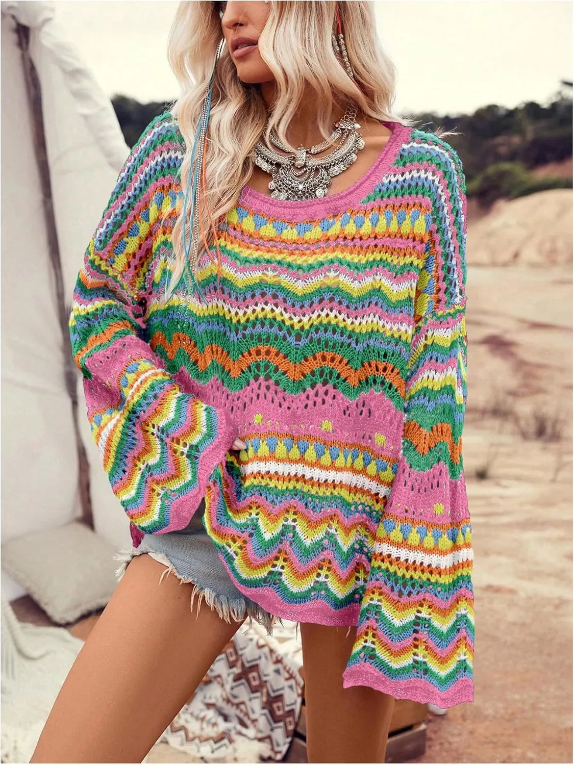 Floerns Women's Colorful Sweater Crochet Open Knit Long Sleeve Drop Shoulder Oversized Sweater