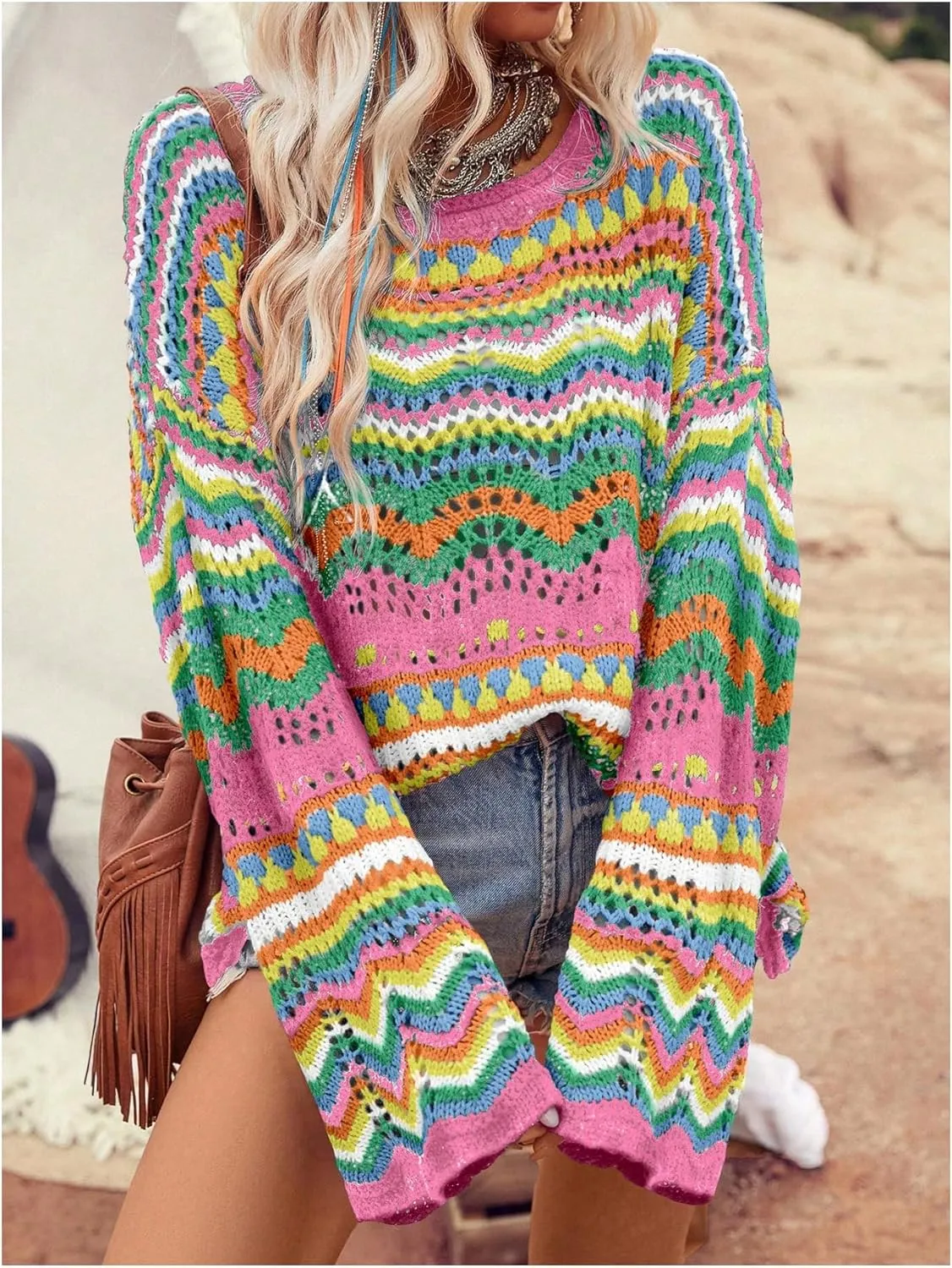 Floerns Women's Colorful Sweater Crochet Open Knit Long Sleeve Drop Shoulder Oversized Sweater