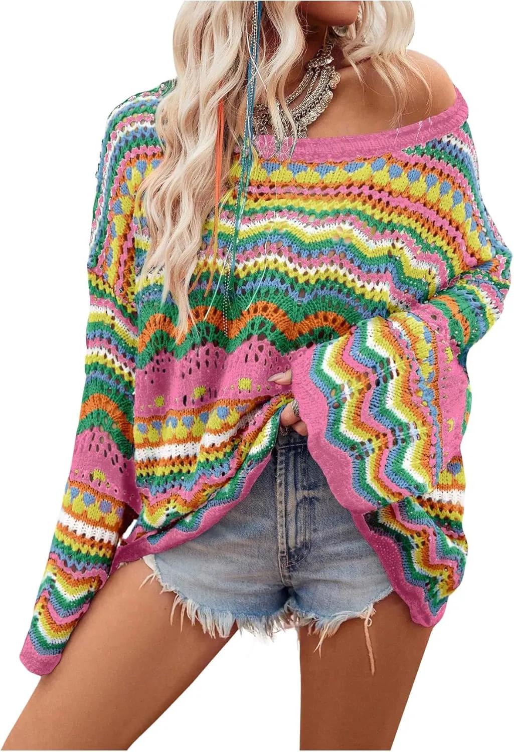 Floerns Women's Colorful Sweater Crochet Open Knit Long Sleeve Drop Shoulder Oversized Sweater