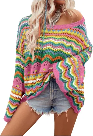 Floerns Women's Colorful Sweater Crochet Open Knit Long Sleeve Drop Shoulder Oversized Sweater