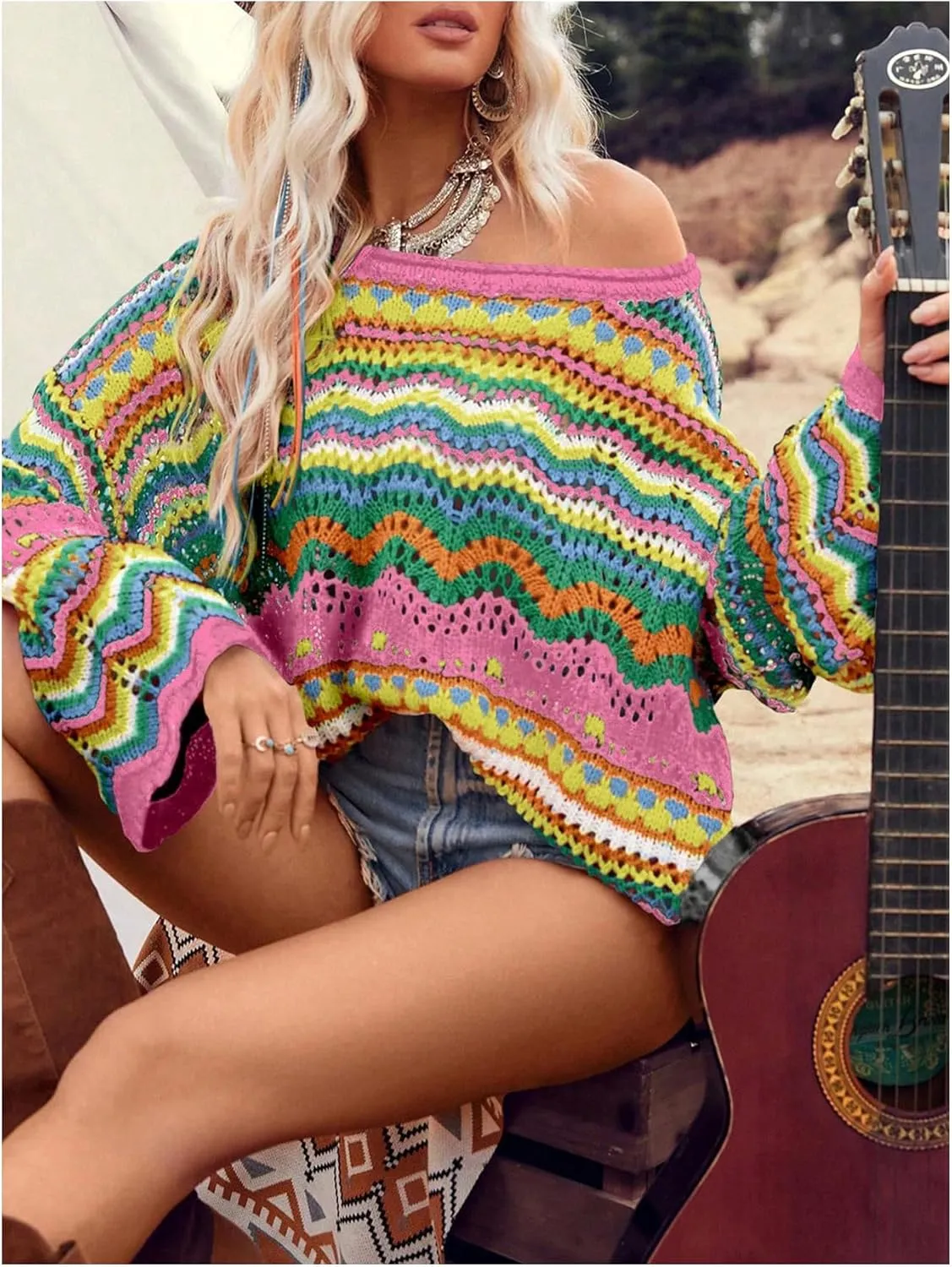 Floerns Women's Colorful Sweater Crochet Open Knit Long Sleeve Drop Shoulder Oversized Sweater
