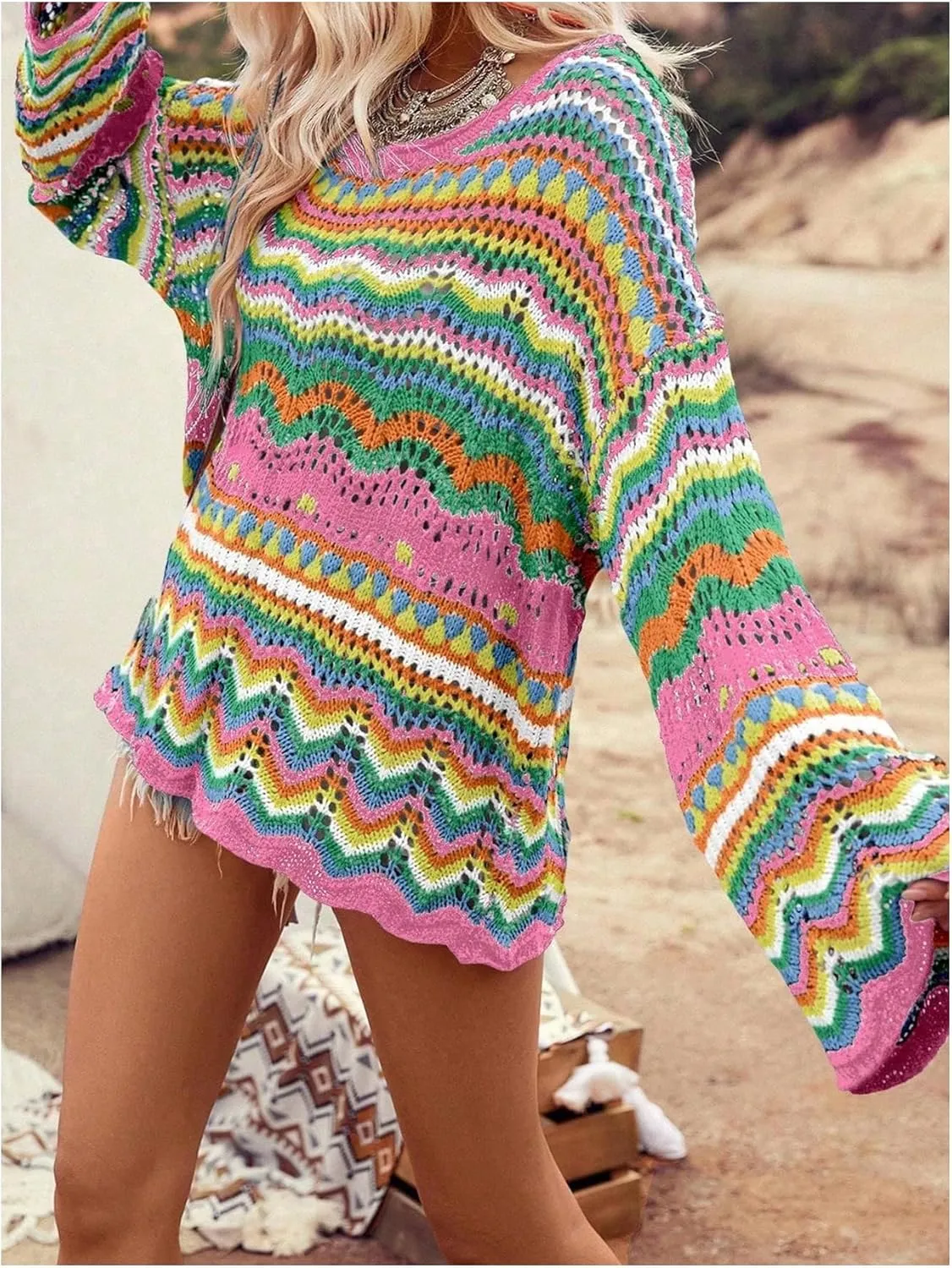 Floerns Women's Colorful Sweater Crochet Open Knit Long Sleeve Drop Shoulder Oversized Sweater