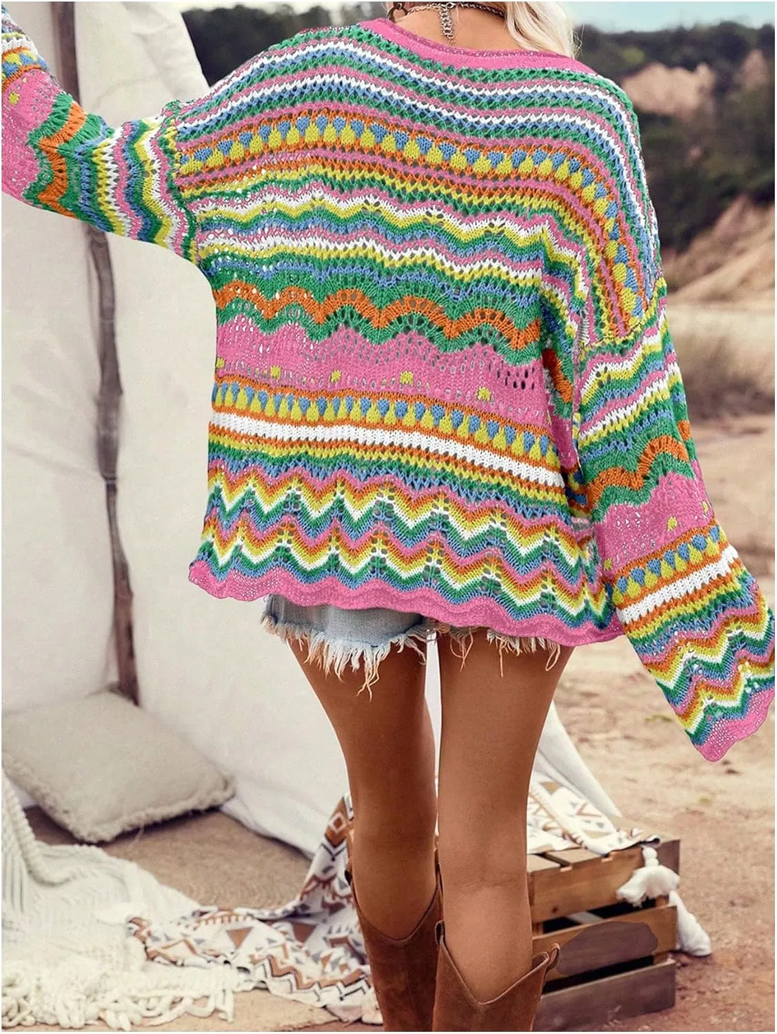 Floerns Women's Colorful Sweater Crochet Open Knit Long Sleeve Drop Shoulder Oversized Sweater