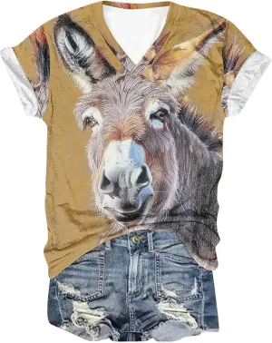 Funny Donkey Animal Graphic Tee Shirt for Women Cute Tops 2024 Summer Plus Size V Neck Short Sleeve Boyfriend Shirt
