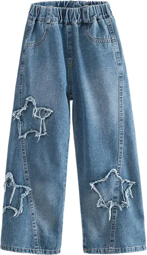 Girls Baggy Jeans Star Patchwork Denim Pants Elastic Waist Straight Trousers Wide Leg Soft Trousers 5-14 Years