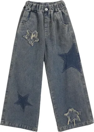 Girls Baggy Jeans Star Patchwork Denim Pants Elastic Waist Straight Trousers Wide Leg Soft Trousers 5-14 Years