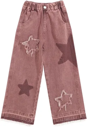 Girls Baggy Jeans Star Patchwork Denim Pants Elastic Waist Straight Trousers Wide Leg Soft Trousers 5-14 Years