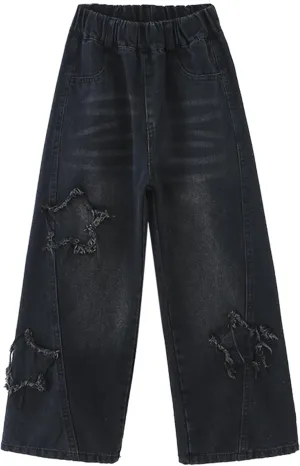 Girls Baggy Jeans Star Patchwork Denim Pants Elastic Waist Straight Trousers Wide Leg Soft Trousers 5-14 Years