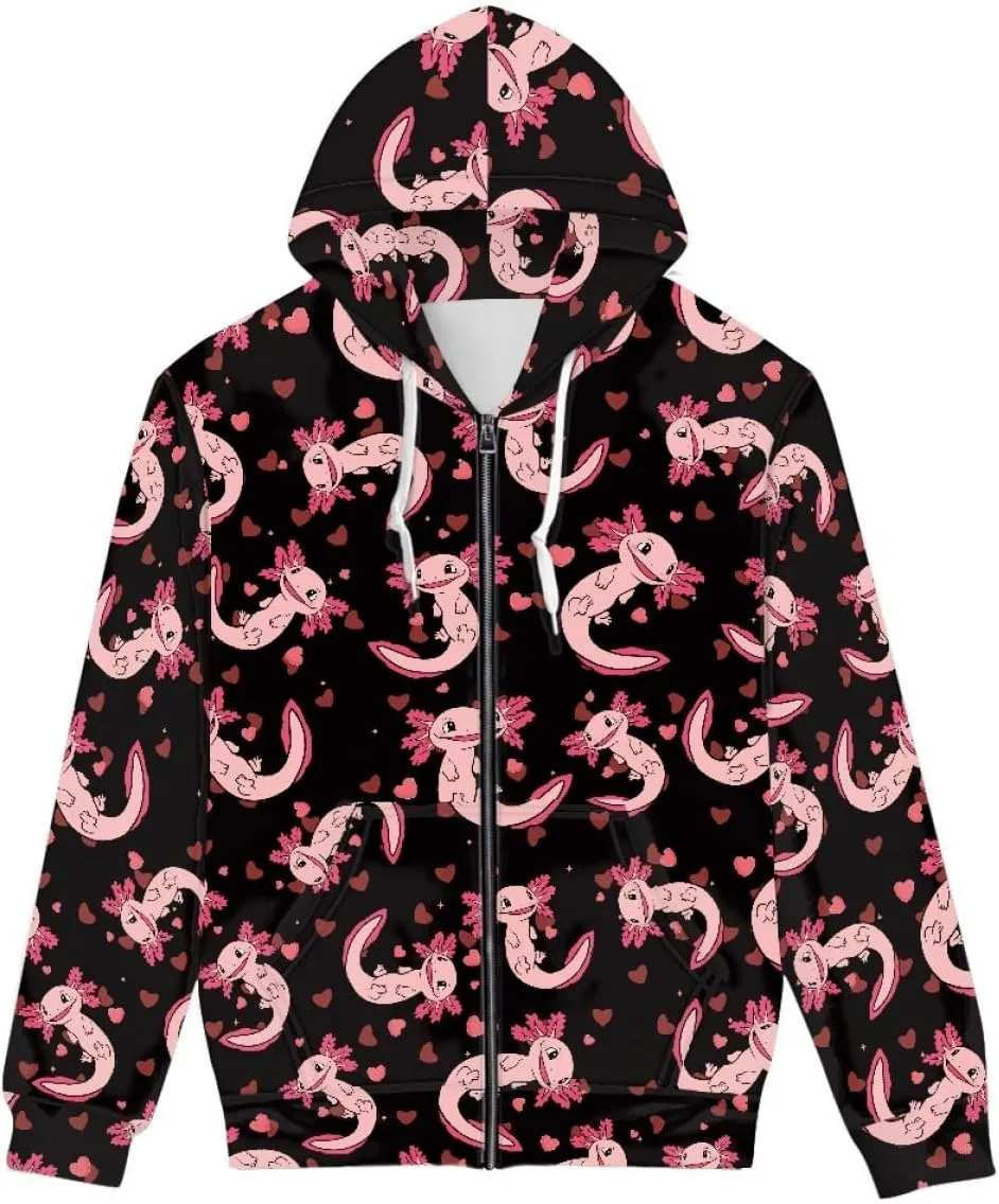 GLUDEAR Axolotl Hoodies for Men 3D Anime Graphic Print Zip Hoodie Sweatshirts Pullover Novelty Cute Hoody Hooded