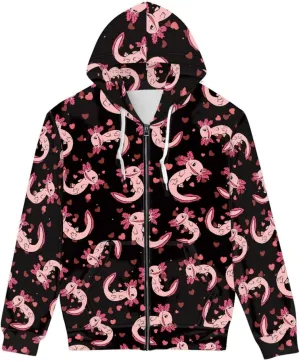 GLUDEAR Axolotl Hoodies for Men 3D Anime Graphic Print Zip Hoodie Sweatshirts Pullover Novelty Cute Hoody Hooded