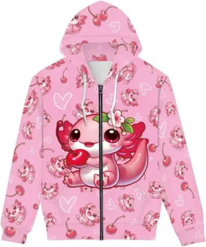 GLUDEAR Axolotl Hoodies for Men 3D Anime Graphic Print Zip Hoodie Sweatshirts Pullover Novelty Cute Hoody Hooded