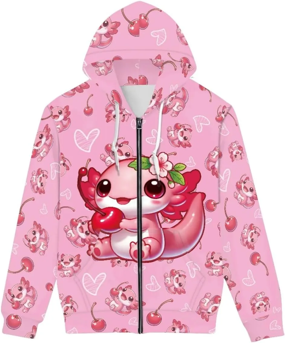 GLUDEAR Axolotl Hoodies for Men 3D Anime Graphic Print Zip Hoodie Sweatshirts Pullover Novelty Cute Hoody Hooded